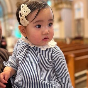 Jacadi paris Striped Navy & White Ruffle Collar Kids Top